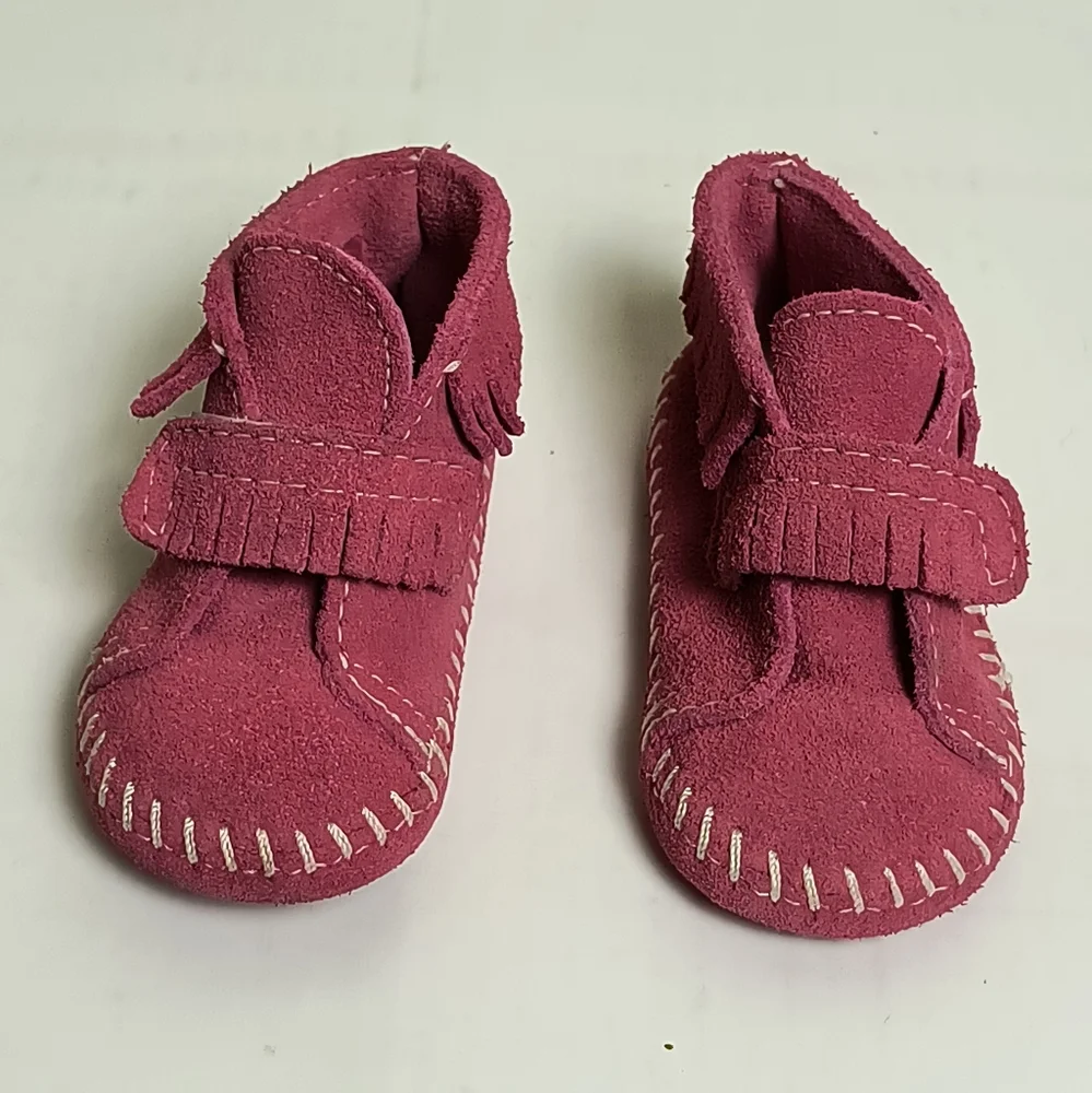 Minnetonka Pink Moccasins with Fringe and Contrast Stitching Baby Size 2